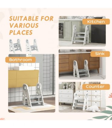 AIYAPLAY Toddler Tower, Foldable & Adjustable, with Handle, Non-Slip, Grey