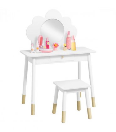 AIYAPLAY Kids Dressing Table with Mirror and Stool, Drawer, Cloud Design