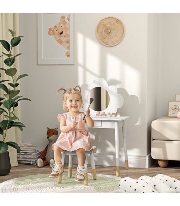 AIYAPLAY Kids Dressing Table with Mirror and Stool, Drawer, Cloud Design