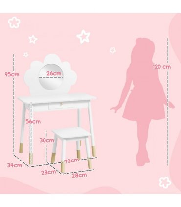AIYAPLAY Kids Dressing Table with Mirror and Stool, Drawer, Cloud Design