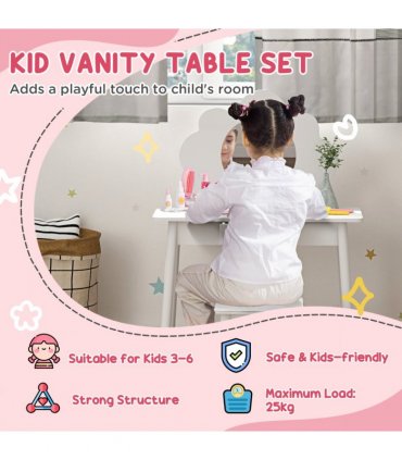 AIYAPLAY Kids Dressing Table with Mirror and Stool, Drawer, Cloud Design
