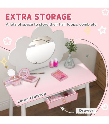 AIYAPLAY Kids Dressing Table with Mirror and Stool, Drawer, Cloud Design