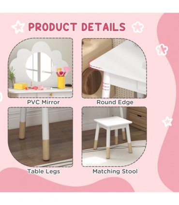 AIYAPLAY Kids Dressing Table with Mirror and Stool, Drawer, Cloud Design
