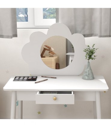 AIYAPLAY Kids Dressing Table with Mirror and Stool, Drawer, Cloud Design