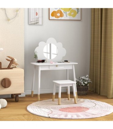 AIYAPLAY Kids Dressing Table with Mirror and Stool, Drawer, Cloud Design