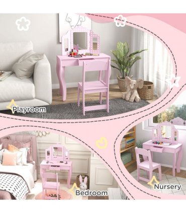 AIYAPLAY Kids Dressing Table Set Make up w/ Stool, Drawer, for Playroom