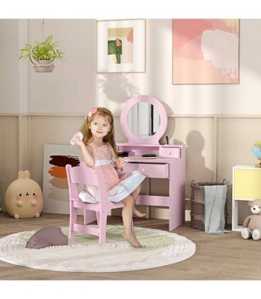 AIYAPLAY Kids Dressing Table Set w/ Stool, Mirror, Drawers - Pink