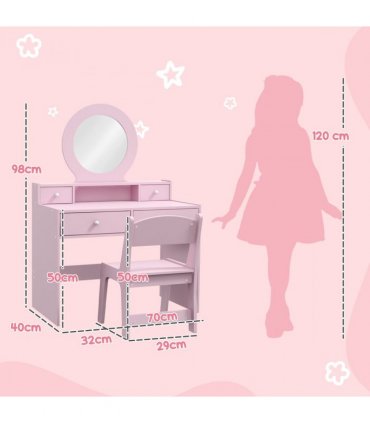 AIYAPLAY Kids Dressing Table Set w/ Stool, Mirror, Drawers - Pink