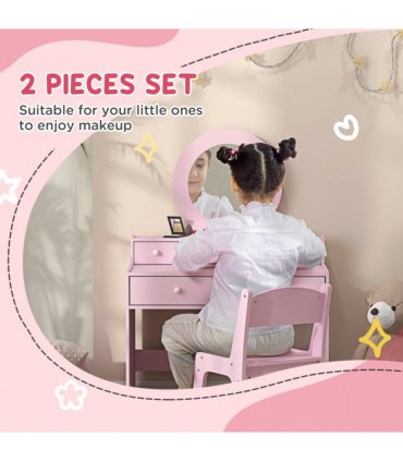 AIYAPLAY Kids Dressing Table Set w/ Stool, Mirror, Drawers - Pink