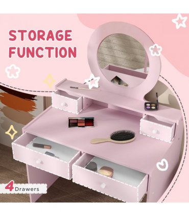 AIYAPLAY Kids Dressing Table Set w/ Stool, Mirror, Drawers - Pink