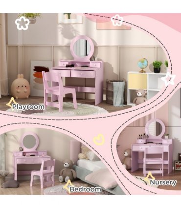 AIYAPLAY Kids Dressing Table Set w/ Stool, Mirror, Drawers - Pink