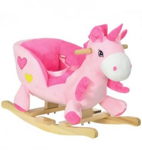 HOMCOM Rocking Horse Plush Ride on Unicorn with Songs, Seat Belt, Pink
