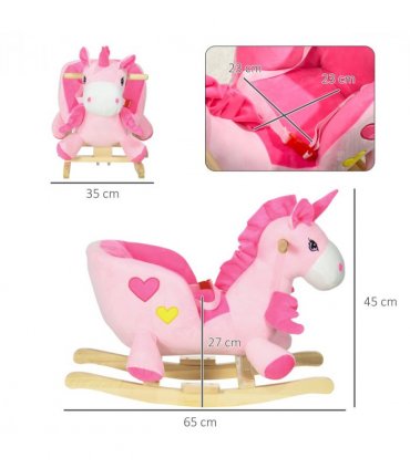 HOMCOM Rocking Horse Plush Ride on Unicorn with Songs, Seat Belt, Pink