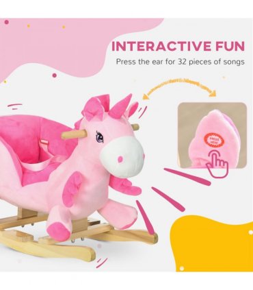 HOMCOM Rocking Horse Plush Ride on Unicorn with Songs, Seat Belt, Pink