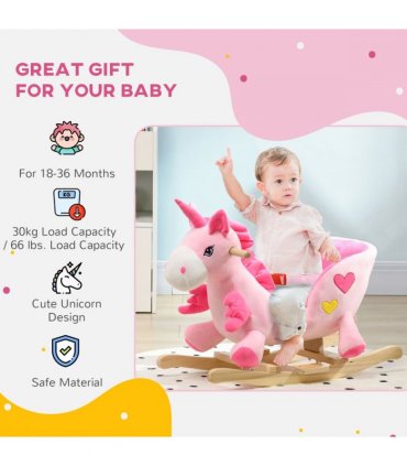 HOMCOM Rocking Horse Plush Ride on Unicorn with Songs, Seat Belt, Pink