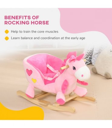 HOMCOM Rocking Horse Plush Ride on Unicorn with Songs, Seat Belt, Pink