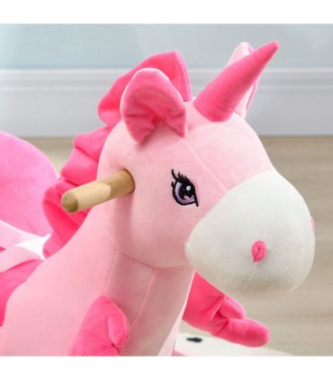 HOMCOM Rocking Horse Plush Ride on Unicorn with Songs, Seat Belt, Pink