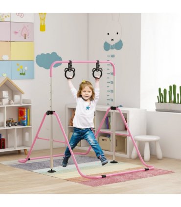 HOMCOM Adjustable Height Foldable Kids Gymnastics Bar with Non-Slip Mats, Pink