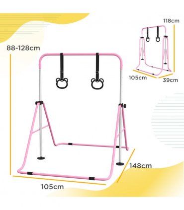 HOMCOM Adjustable Height Foldable Kids Gymnastics Bar with Non-Slip Mats, Pink