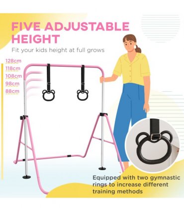 HOMCOM Adjustable Height Foldable Kids Gymnastics Bar with Non-Slip Mats, Pink