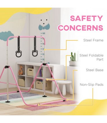 HOMCOM Adjustable Height Foldable Kids Gymnastics Bar with Non-Slip Mats, Pink