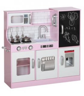 AIYAPLAY Play Kitchen, Pretend Toy Kitchen w/ Toy Phone, Chalkboard, Sink