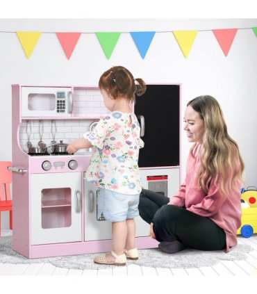 AIYAPLAY Play Kitchen, Pretend Toy Kitchen w/ Toy Phone, Chalkboard, Sink