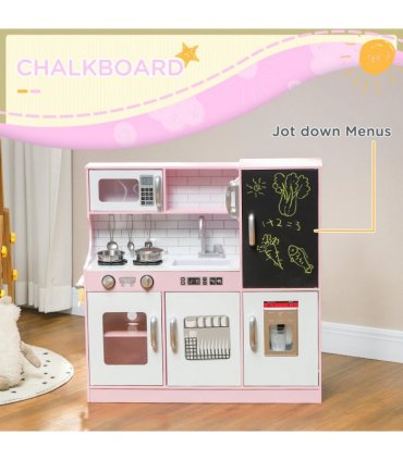 AIYAPLAY Play Kitchen, Pretend Toy Kitchen w/ Toy Phone, Chalkboard, Sink