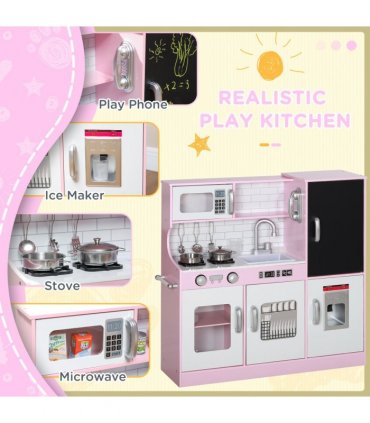 AIYAPLAY Play Kitchen, Pretend Toy Kitchen w/ Toy Phone, Chalkboard, Sink