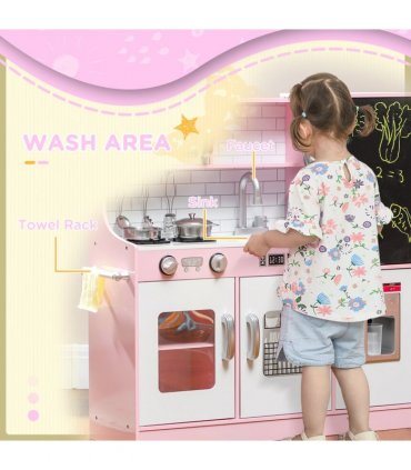 AIYAPLAY Play Kitchen, Pretend Toy Kitchen w/ Toy Phone, Chalkboard, Sink