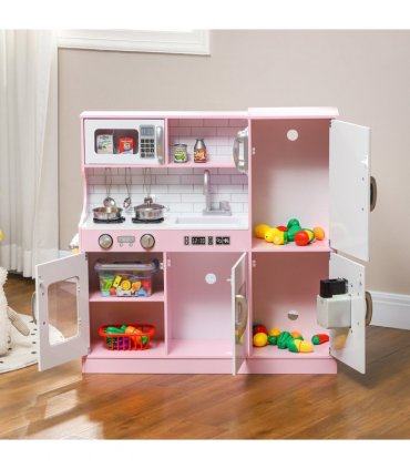 AIYAPLAY Play Kitchen, Pretend Toy Kitchen w/ Toy Phone, Chalkboard, Sink