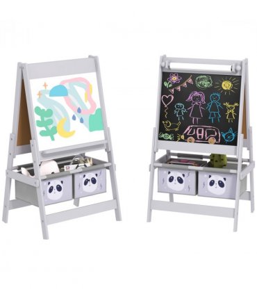AIYAPLAY Kids Easel with Paper Roll, Blackboard, Whiteboard, Storage, Grey