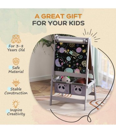 AIYAPLAY Kids Easel with Paper Roll, Blackboard, Whiteboard, Storage, Grey