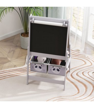 AIYAPLAY Kids Easel with Paper Roll, Blackboard, Whiteboard, Storage, Grey
