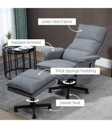 HOMCOM Swivel Recliner Chair w/Footstool Massage Points Remote Control Grey