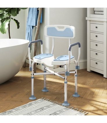HOMCOM Padded Bath Chair with Slotted Seat and Adjustable Height, Light Blue