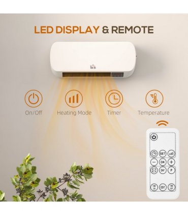 HOMCOM Wall Mounted Electric Heater with Timer Overheat Protection White