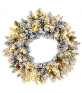 HOMCOM 60cm Flocked Christmas Wreath with Lights Pine Cones Red Berries Green