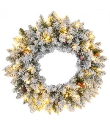HOMCOM 60cm Flocked Christmas Wreath with Lights Pine Cones Red Berries Green