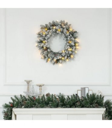 HOMCOM 60cm Flocked Christmas Wreath with Lights Pine Cones Red Berries Green