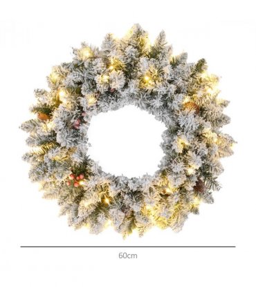 HOMCOM 60cm Flocked Christmas Wreath with Lights Pine Cones Red Berries Green
