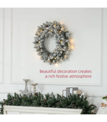 HOMCOM 60cm Flocked Christmas Wreath with Lights Pine Cones Red Berries Green