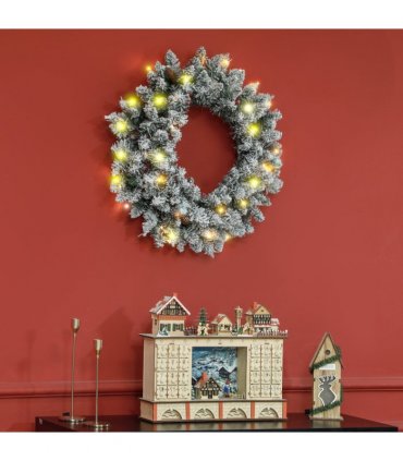 HOMCOM 60cm Flocked Christmas Wreath with Lights Pine Cones Red Berries Green