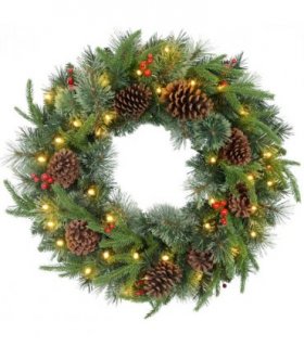 HOMCOM 60cm Christmas Wreath with LED Lights Pine Cones Red Berries Green