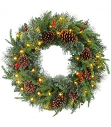 HOMCOM 60cm Christmas Wreath with LED Lights Pine Cones Red Berries Green