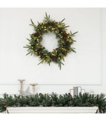 HOMCOM 60cm Christmas Wreath with LED Lights Pine Cones Red Berries Green