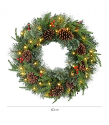 HOMCOM 60cm Christmas Wreath with LED Lights Pine Cones Red Berries Green