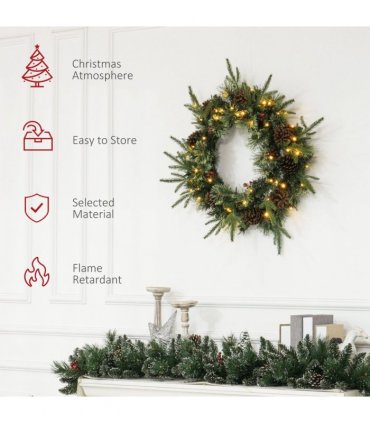 HOMCOM 60cm Christmas Wreath with LED Lights Pine Cones Red Berries Green