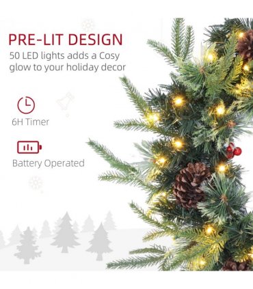 HOMCOM 60cm Christmas Wreath with LED Lights Pine Cones Red Berries Green