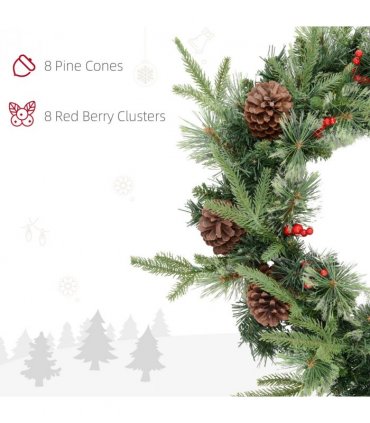 HOMCOM 60cm Christmas Wreath with LED Lights Pine Cones Red Berries Green